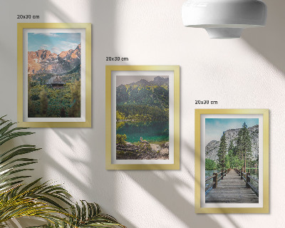 Framed triptych Mountain landscapes with a lake and a wooden pier
