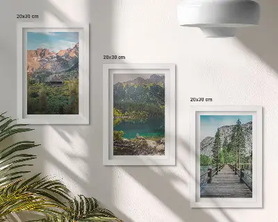 Mountain landscapes with a lake and a wooden pier framed triptych