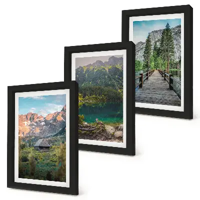 Mountain landscapes with a lake and a wooden pier framed triptych