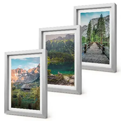 Mountain landscapes with a lake and a wooden pier framed triptych