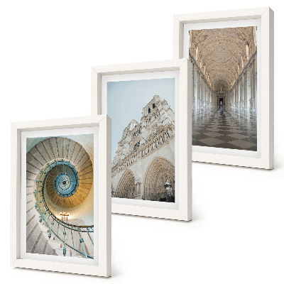 3-piece wall art set The cathedral's spiral staircase, view of the building's facade, and a tiled corridor