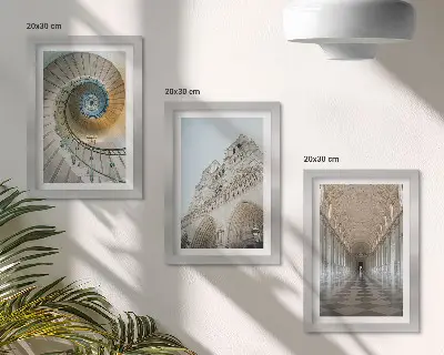 3-piece wall art set featuring a cathedral spiral staircase, facade view, and tiled corridor