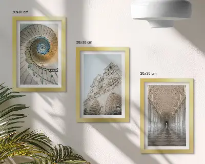 3-piece wall art set featuring a cathedral spiral staircase, facade view, and tiled corridor