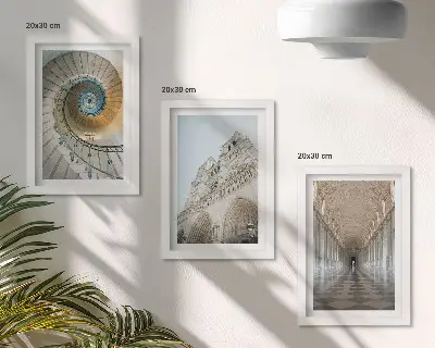 3-piece wall art set featuring a cathedral spiral staircase, facade view, and tiled corridor