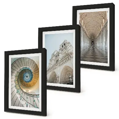 3-piece wall art set featuring a cathedral spiral staircase, facade view, and tiled corridor