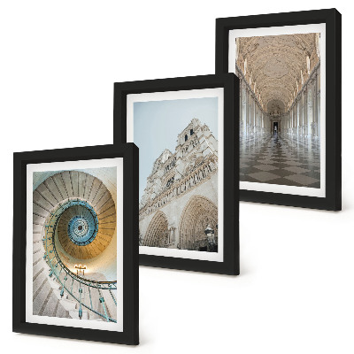 3-piece wall art set The cathedral's spiral staircase, view of the building's facade, and a tiled corridor