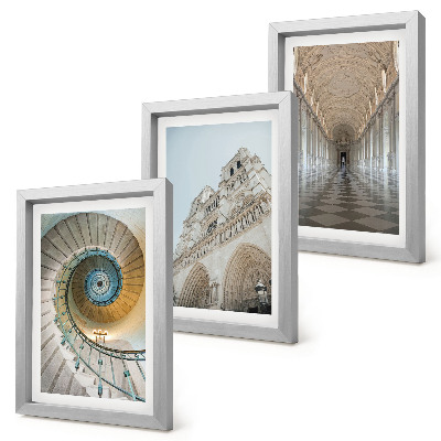 3-piece wall art set The cathedral's spiral staircase, view of the building's facade, and a tiled corridor