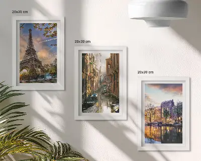 Photo frame wall featuring the Eiffel Tower, the canals of Venice, and the streets of Amsterdam