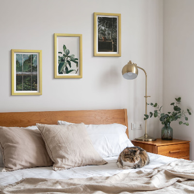 Framed triptych Green leaves on the window and plants inside