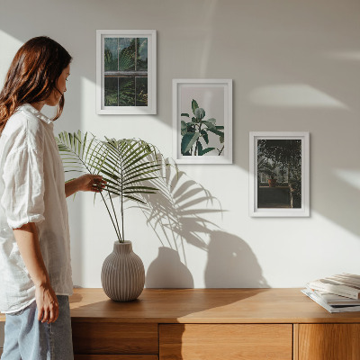 Framed triptych Green leaves on the window and plants inside