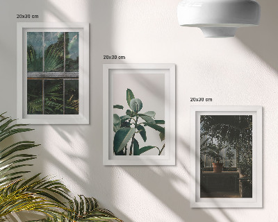 Framed triptych Green leaves on the window and plants inside