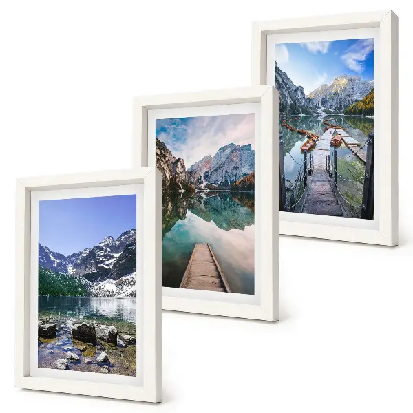 Mountains, lakes and wooden bridges over the water framed triptych