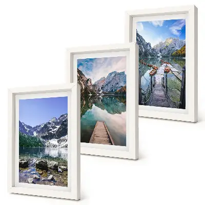 Mountains, lakes and wooden bridges over the water framed triptych