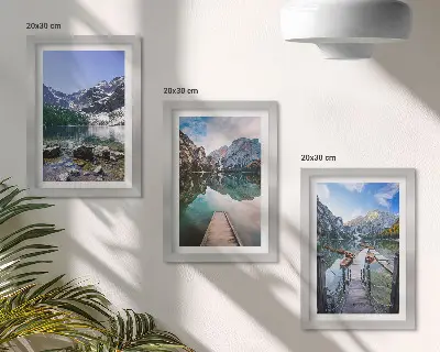 Mountains, lakes and wooden bridges over the water framed triptych