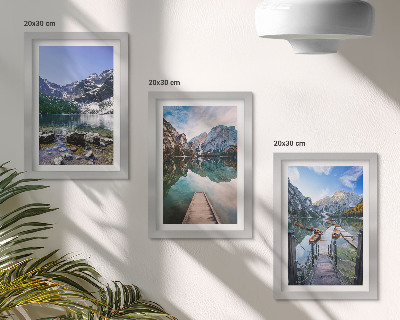 Framed triptych Mountains, lakes and wooden bridges over the water