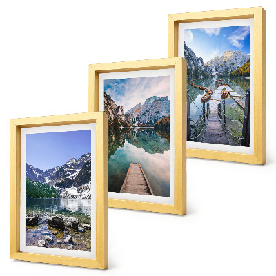 Framed triptych Mountains, lakes and wooden bridges over the water