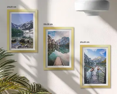 Mountains, lakes and wooden bridges over the water framed triptych