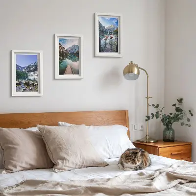 Mountains, lakes and wooden bridges over the water framed triptych