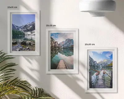 Mountains, lakes and wooden bridges over the water framed triptych