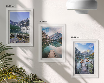Framed triptych Mountains, lakes and wooden bridges over the water