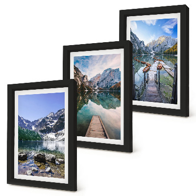 Framed triptych Mountains, lakes and wooden bridges over the water