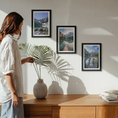 Mountains, lakes and wooden bridges over the water framed triptych