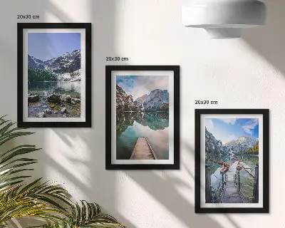 Mountains, lakes and wooden bridges over the water framed triptych