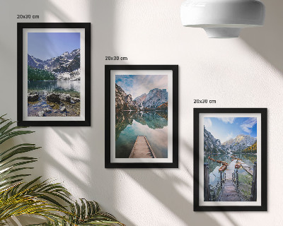 Framed triptych Mountains, lakes and wooden bridges over the water