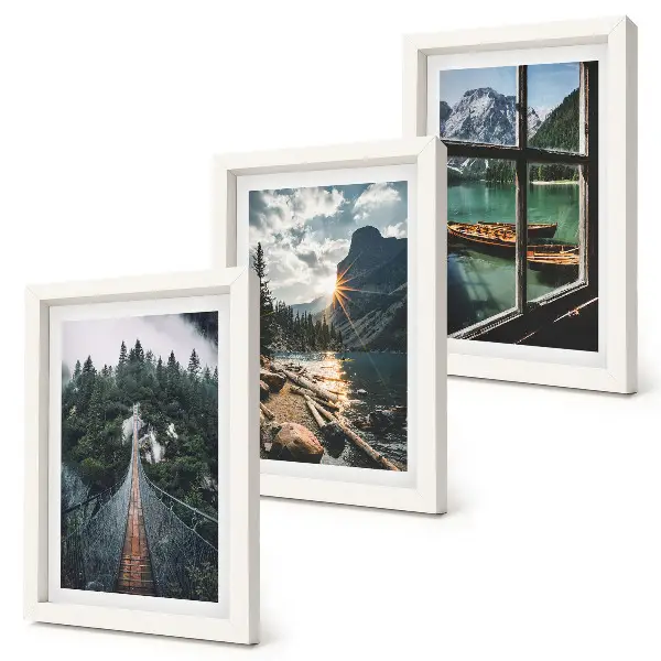 3-piece wall art set bridge in the forest lake with boats and mountain view