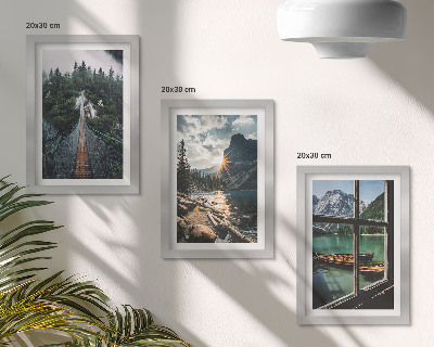 3-piece wall art set Bridge in the forest lake with boats mountain view