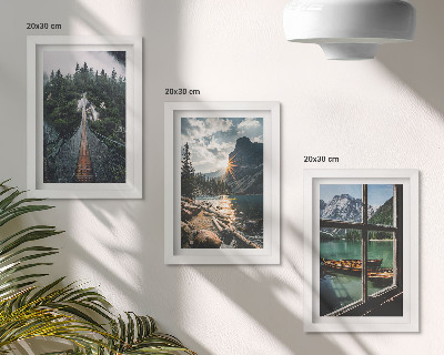 3-piece wall art set Bridge in the forest lake with boats mountain view