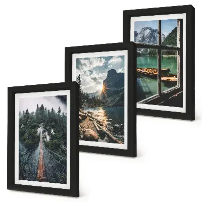 3-piece wall art set bridge in the forest lake with boats and mountain view