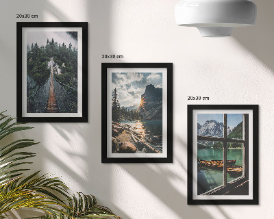 3-piece wall art set Bridge in the forest lake with boats mountain view