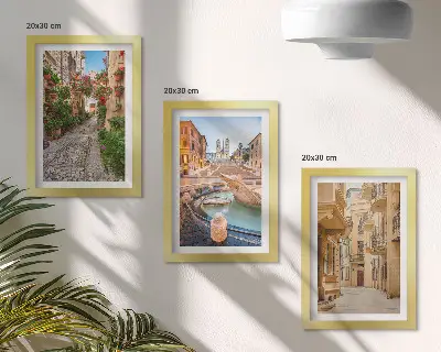 Photo frame wall with charming streets and fountains in picturesque architecture