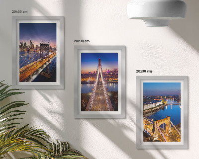 Framed triptych Night views of cities with bridges and rivers