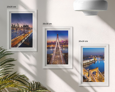 Framed triptych Night views of cities with bridges and rivers