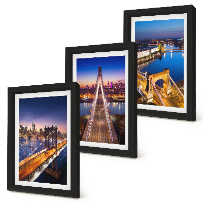 Framed triptych Night views of cities with bridges and rivers