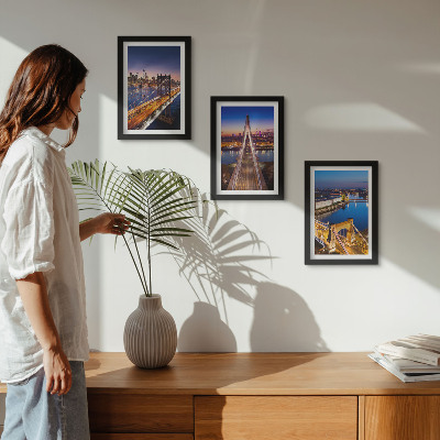 Framed triptych Night views of cities with bridges and rivers
