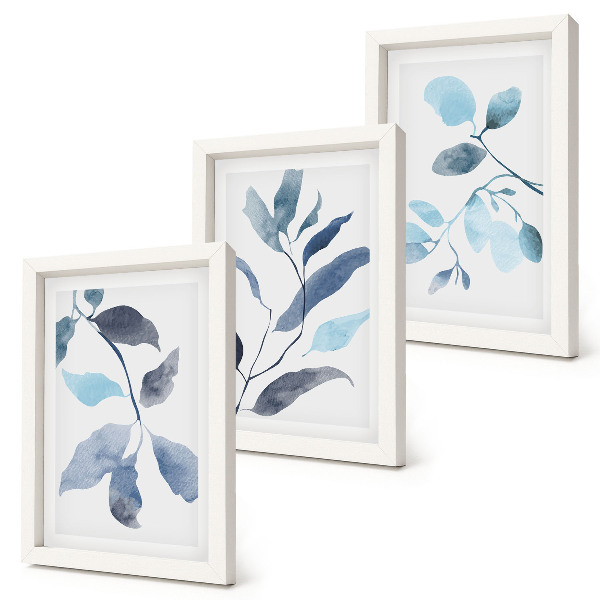 Framed triptych Blue leaves on a light background, watercolor style