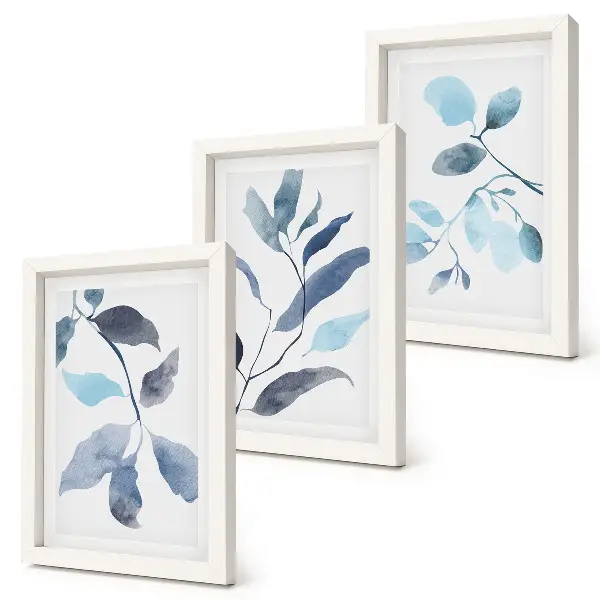 Blue leaves on a light background watercolor style triptych framed