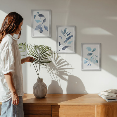 Framed triptych Blue leaves on a light background, watercolor style