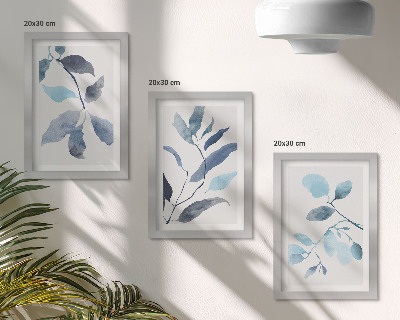 Framed triptych Blue leaves on a light background, watercolor style
