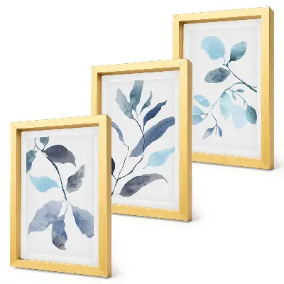 Blue leaves on a light background watercolor style triptych framed
