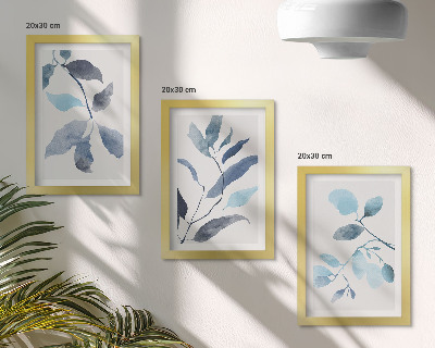 Framed triptych Blue leaves on a light background, watercolor style