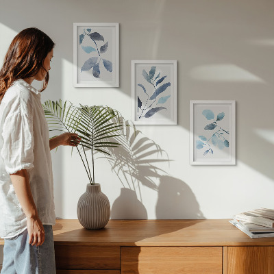 Framed triptych Blue leaves on a light background, watercolor style