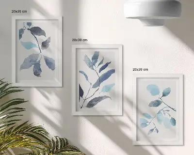 Blue leaves on a light background watercolor style triptych framed