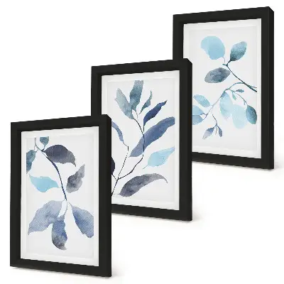 Blue leaves on a light background watercolor style triptych framed