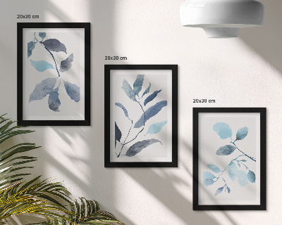 Framed triptych Blue leaves on a light background, watercolor style