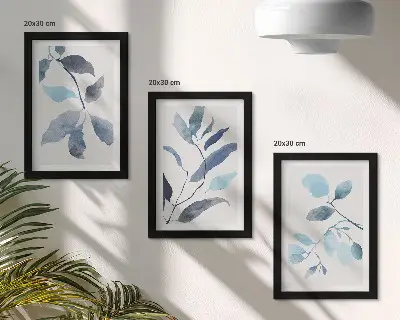 Blue leaves on a light background watercolor style triptych framed