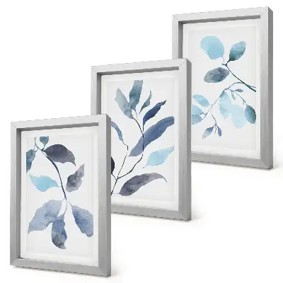 Blue leaves on a light background watercolor style triptych framed